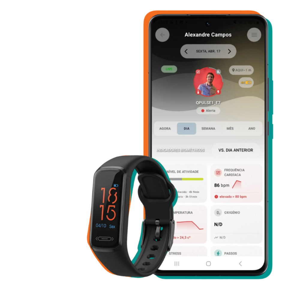 Pulseira Quatenus MyPulse exibindo horas e telemovél com a aplicação aberta com visualisação de dados do utilizador. 